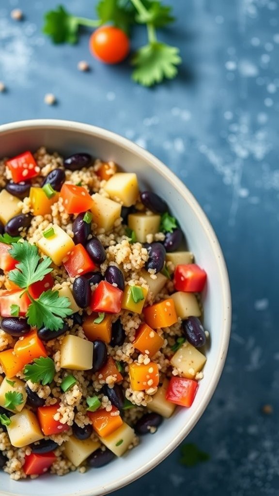 A vibrant bowl of quinoa and black bean salad with colorful bell peppers and avocado.