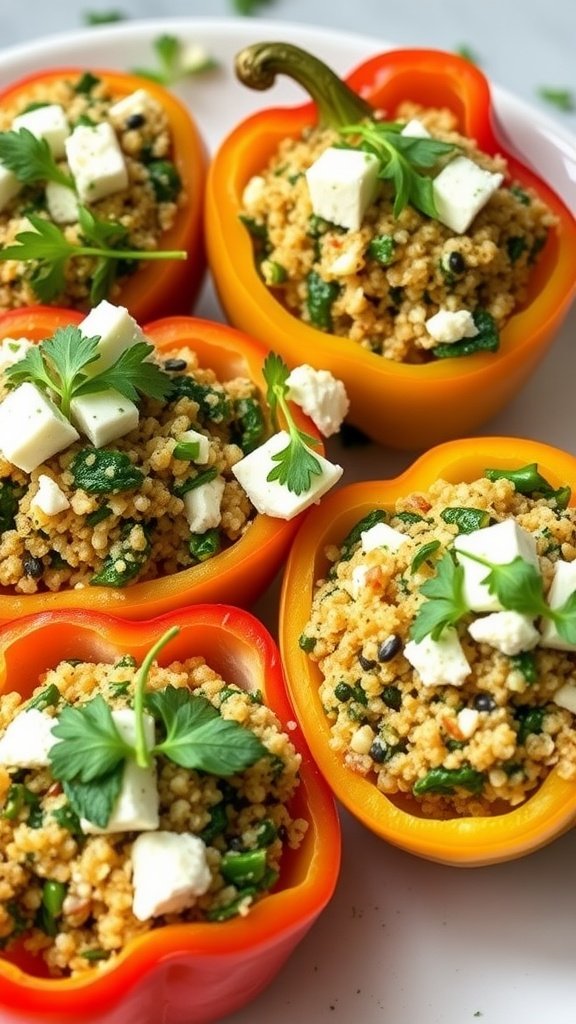 Quinoa and spinach stuffed bell peppers arranged on a plate, garnished with parsley.