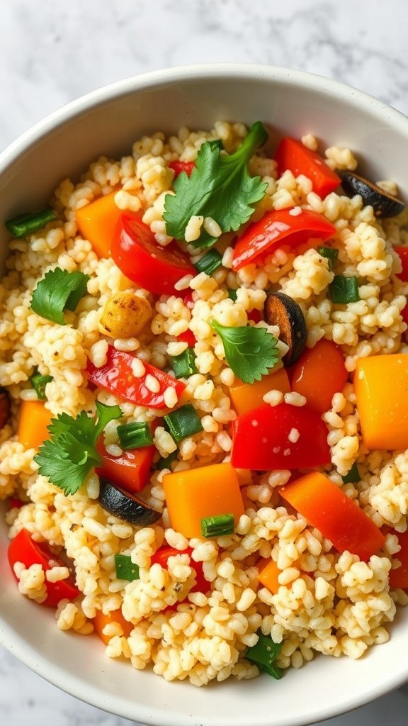 Quinoa and vegetable stir-fry in a bowl with colorful diced vegetables.