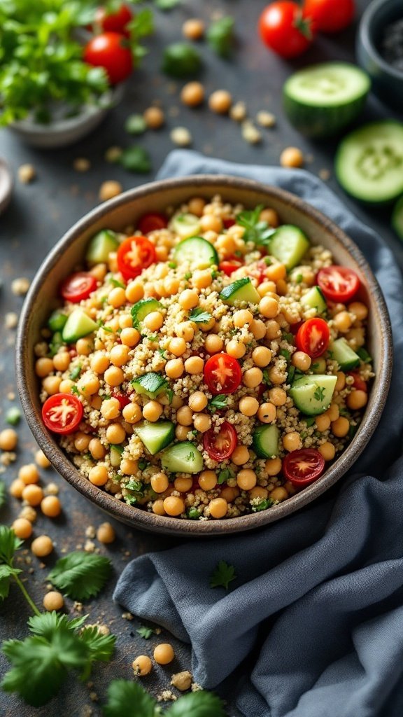 A vibrant quinoa salad with chickpeas, cherry tomatoes, cucumber, and fresh herbs.