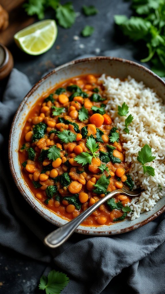 A bowl of Red Lentil and Spinach Curry served with rice and garnished with cilantro.