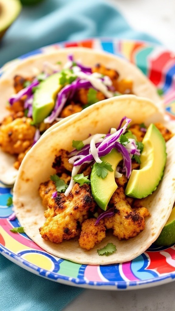 Three roasted cauliflower tacos topped with cabbage, tomato, and avocado slices on a colorful plate.