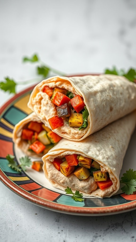 A delicious roasted vegetable and hummus wrap served on a colorful plate.