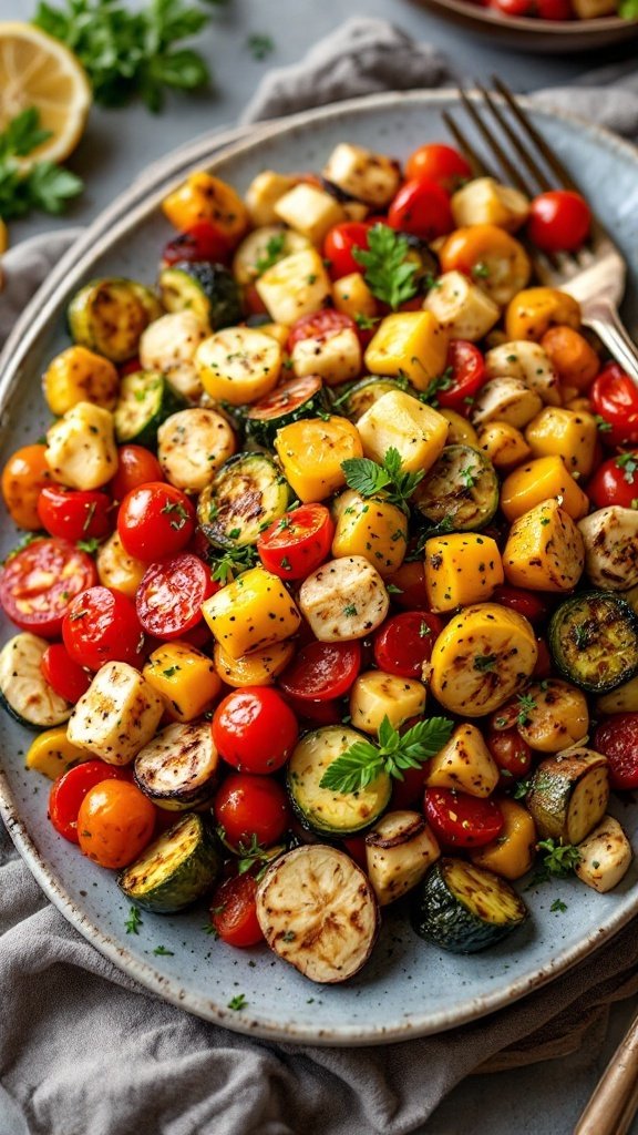 A colorful assortment of roasted vegetables arranged on a platter.