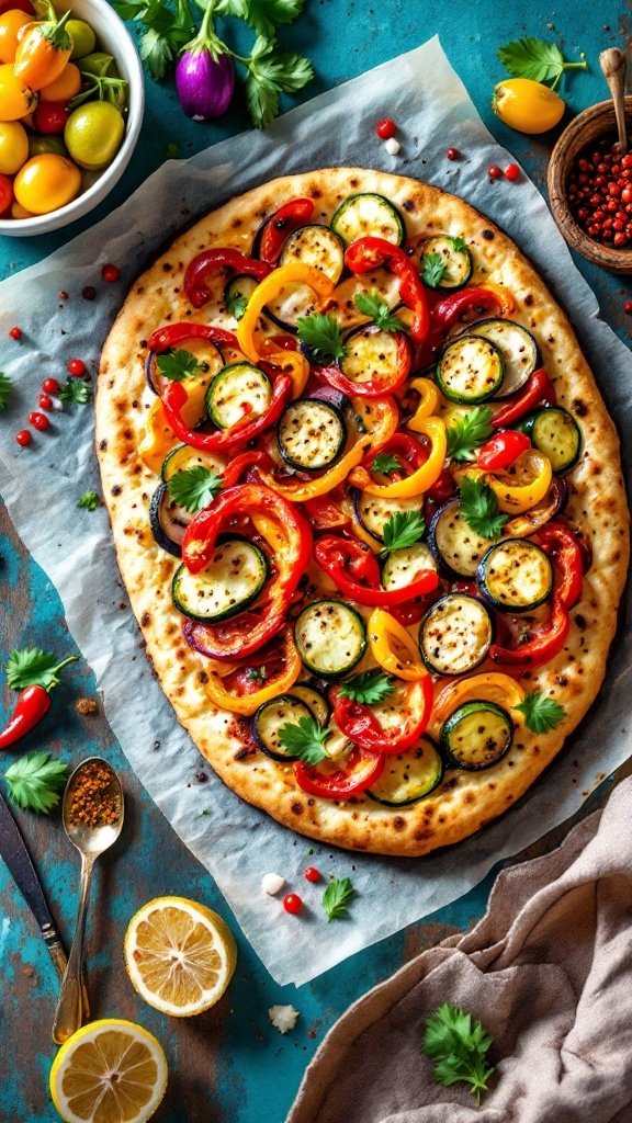 Roasted Veggie Flatbread Pizza topped with colorful vegetables and melted cheese