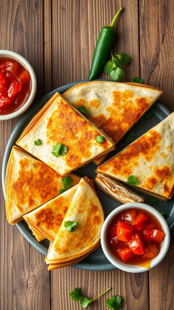 A plate of golden brown quesadillas with toppings and salsa on the side