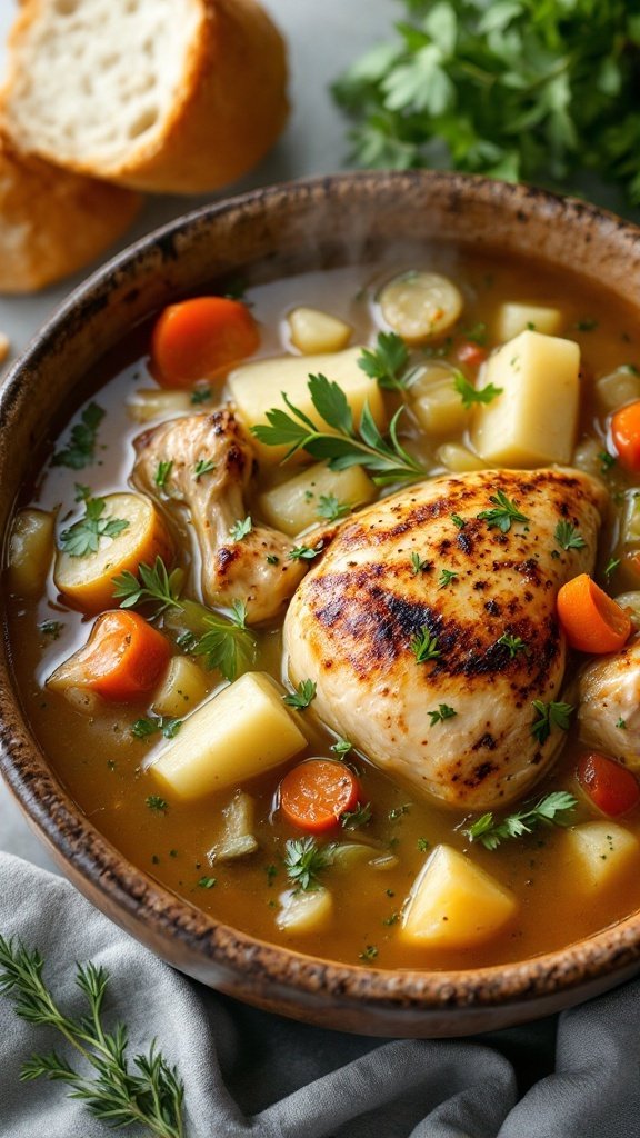 A comforting bowl of rotisserie chicken soup with colorful vegetables and fresh herbs, served with a slice of bread.