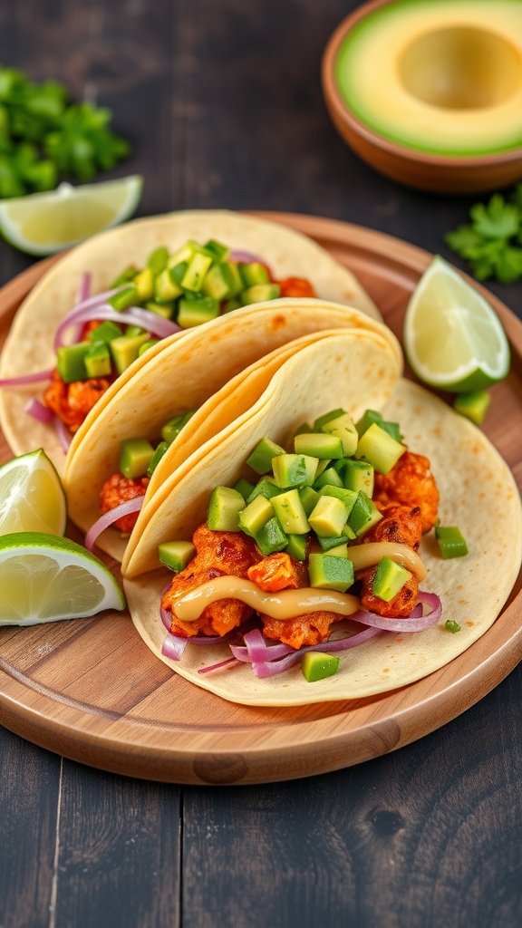 Delicious tacos filled with rotisserie chicken and topped with avocado salsa.