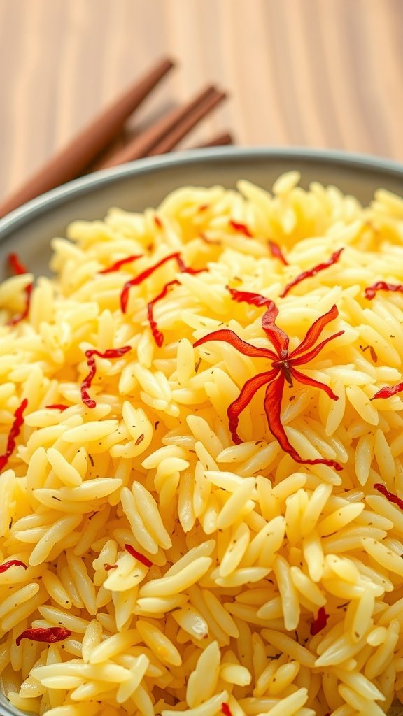 A bowl of saffron-infused rice pilaf with yellow rice and red saffron strands on top.