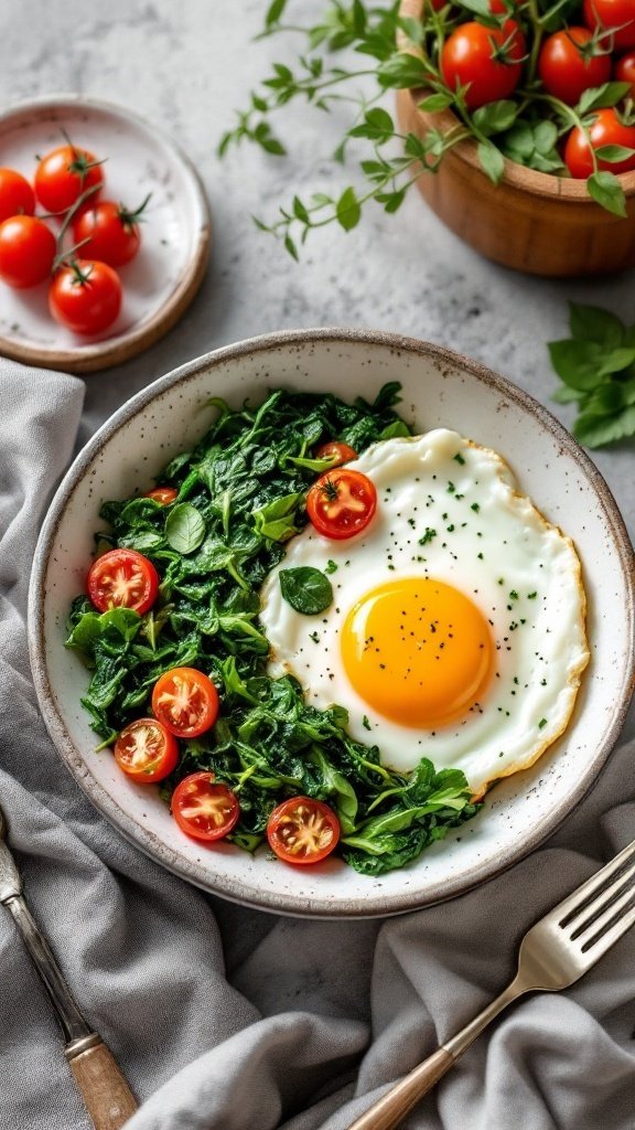 A savory breakfast bowl with eggs, spinach, and tomatoes