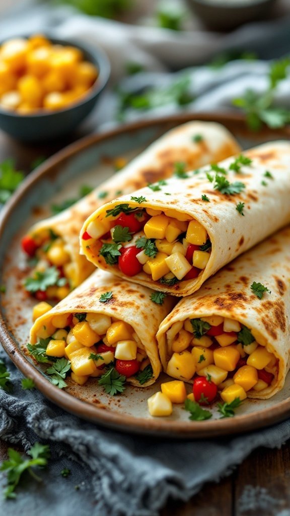 Delicious breakfast burritos filled with eggs, cheese, and vegetables.