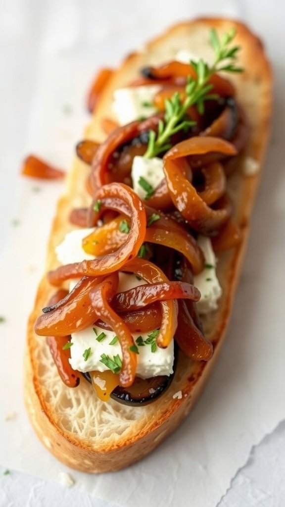Bruschetta topped with caramelized onions and cheese