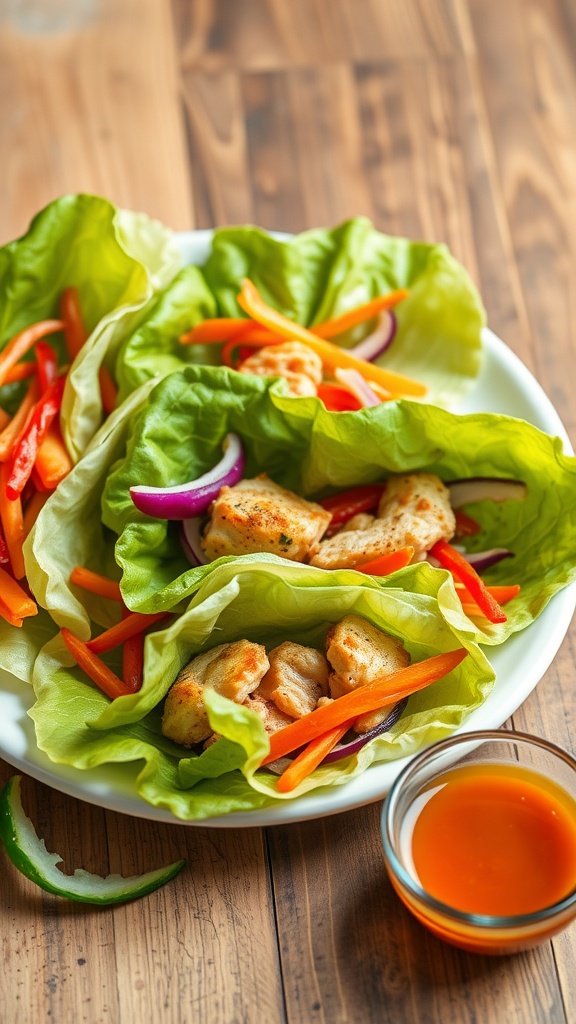 Savory chicken lettuce wraps with colorful vegetables and sauce