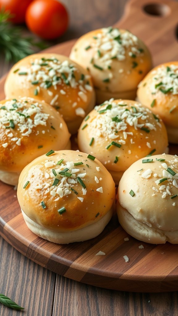 Savory Italian Herb Rolls topped with herbs and cheese on a wooden platter.