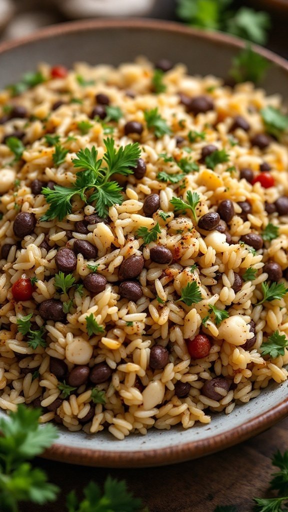 A delicious plate of savory lentil and rice pilaf garnished with parsley.
