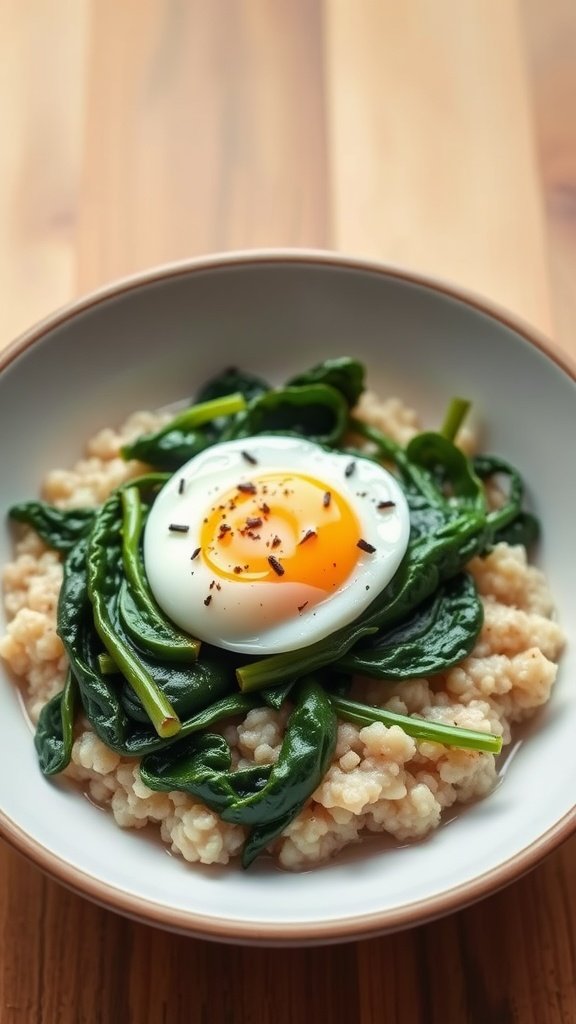 Bowl of savory oatmeal topped with spinach and a poached egg