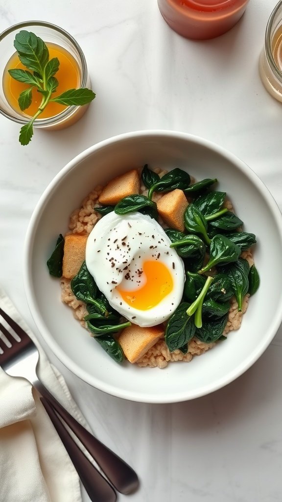 A bowl of savory oatmeal topped with spinach and a poached egg.