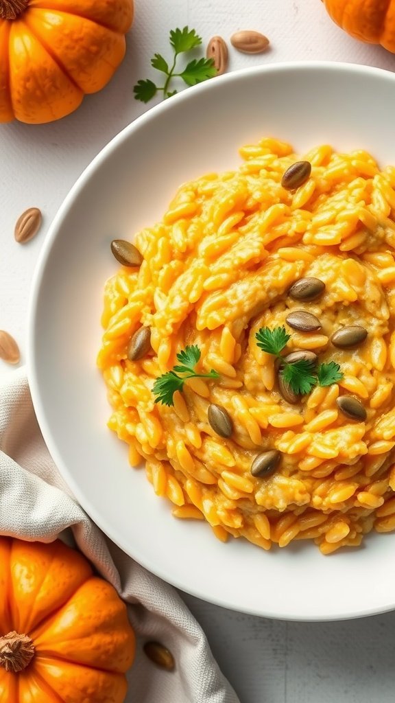 A bowl of creamy pumpkin risotto garnished with pumpkin seeds and fresh herbs, surrounded by pumpkins.