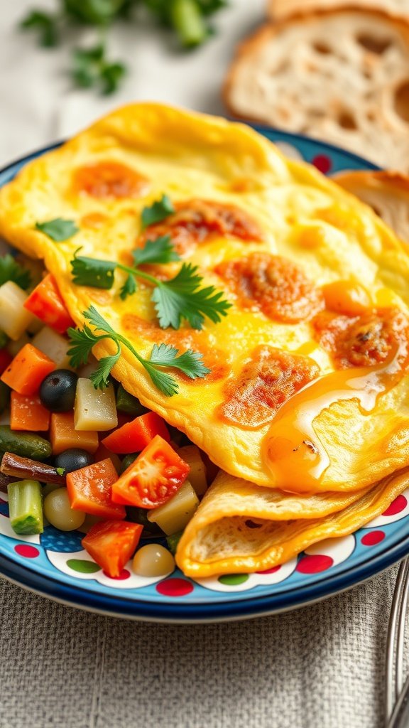 A delicious savory vegetable omelette served on a colorful plate with a side of fresh vegetables.