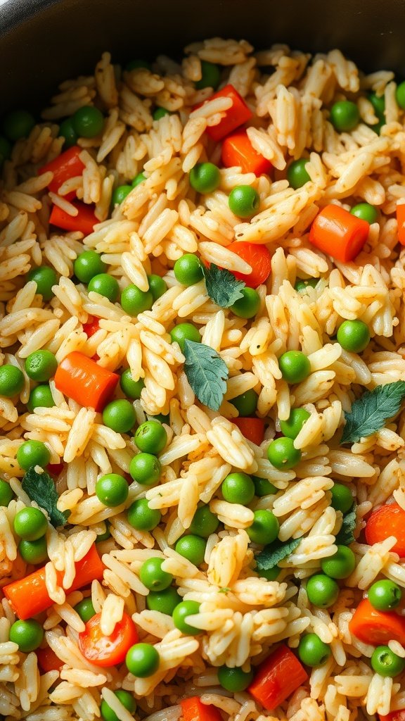 A bowl of Savory Vegetable Rice Pilaf with peas and carrots.