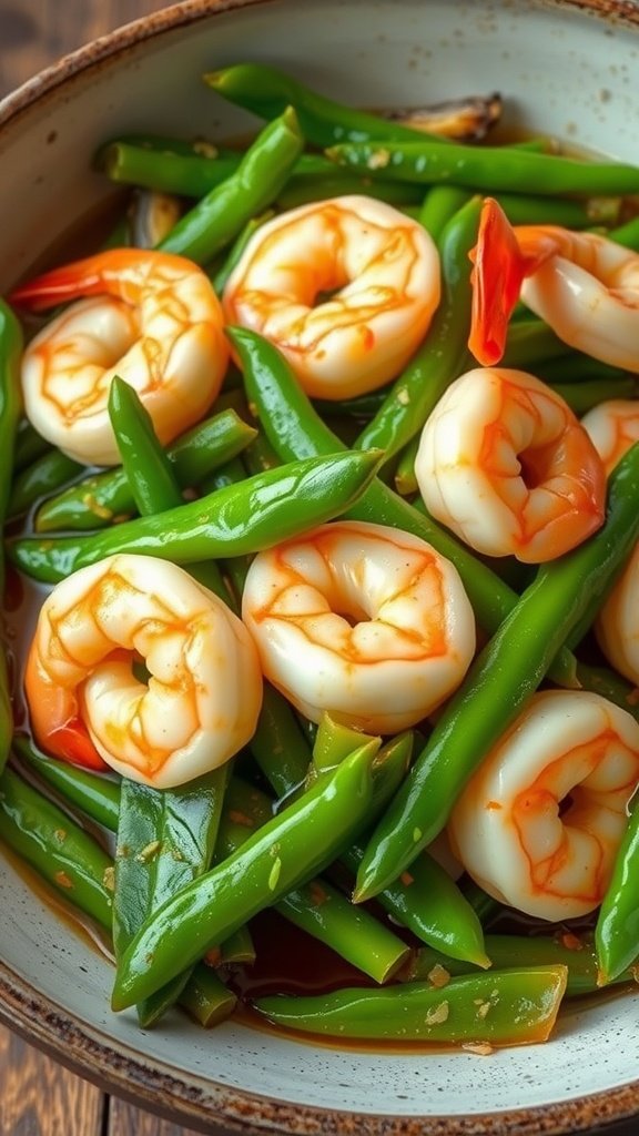 A colorful dish of shrimp and snow peas stir-fry in a bowl.