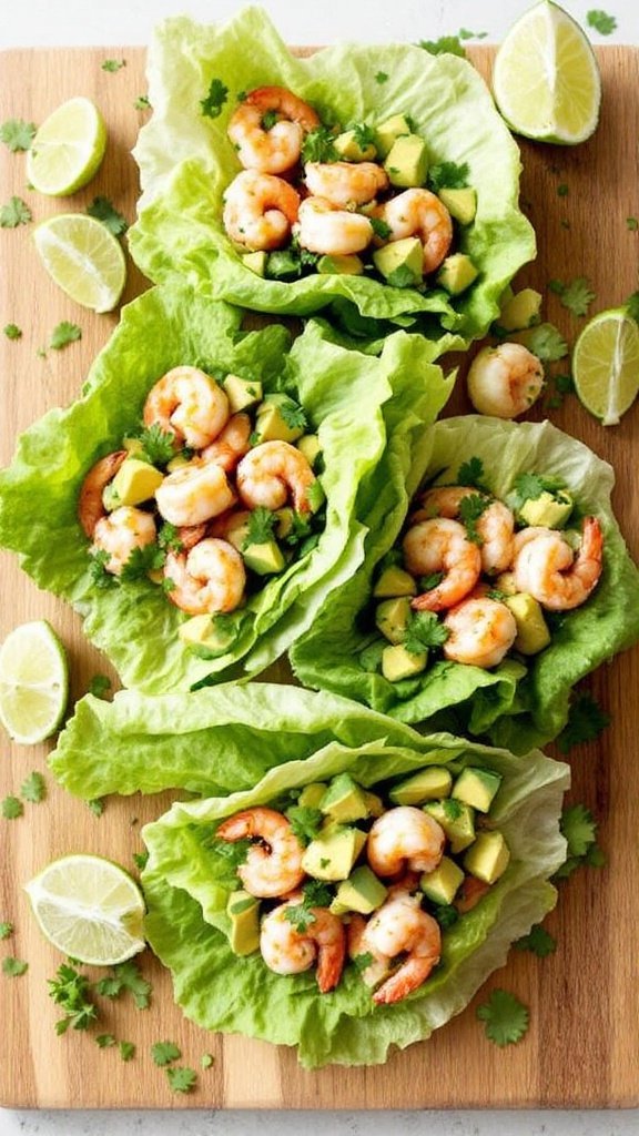Shrimp avocado lettuce wraps with lime and cilantro