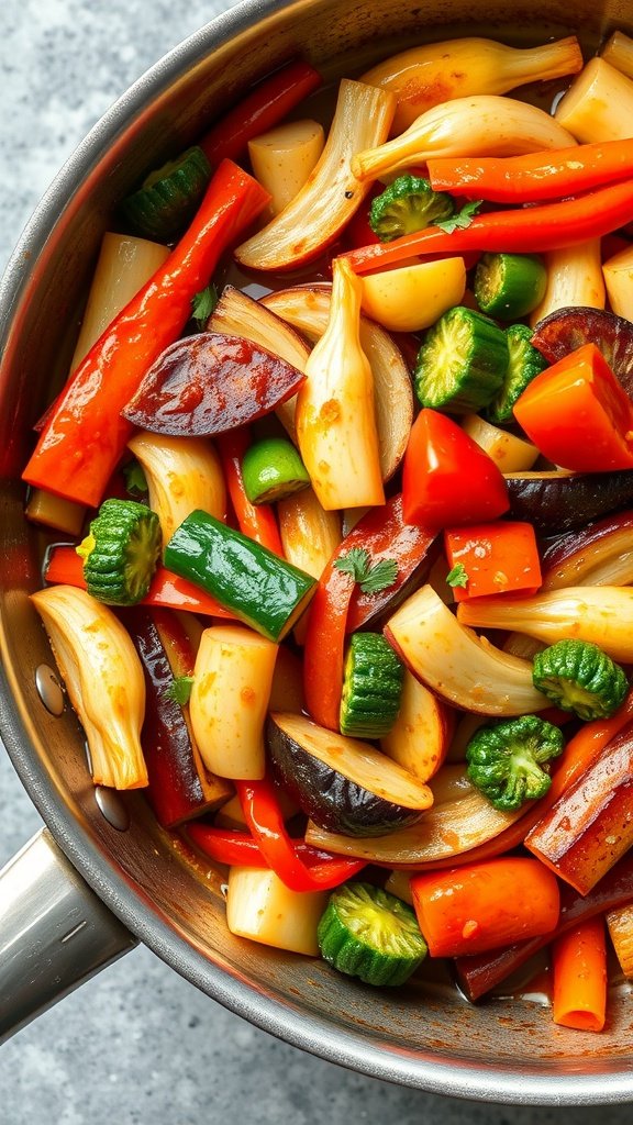 A colorful assortment of fresh vegetables ready for a stir-fry in a pot.