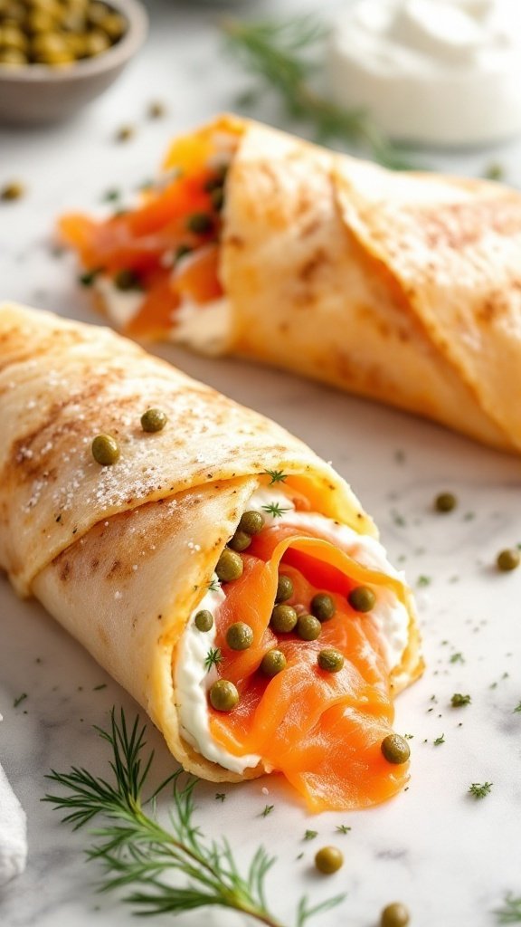 Smoked salmon and cream cheese wraps with fresh dill and capers.