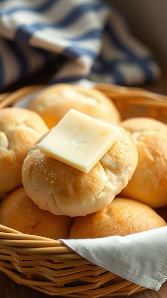 A basket of soft and buttery dinner rolls with a pat of butter on top.