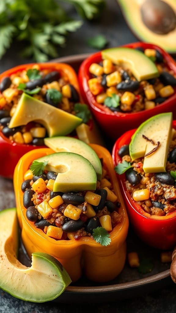 Colorful stuffed peppers filled with black beans, corn, and topped with avocado slices.