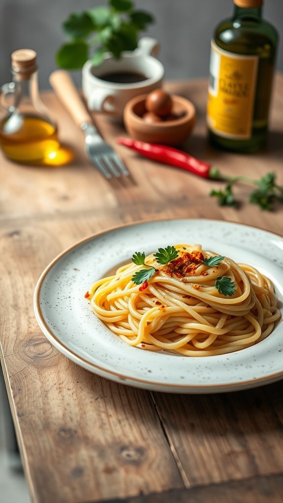 A plate of Spaghetti Aglio e Olio garnished with parsley.