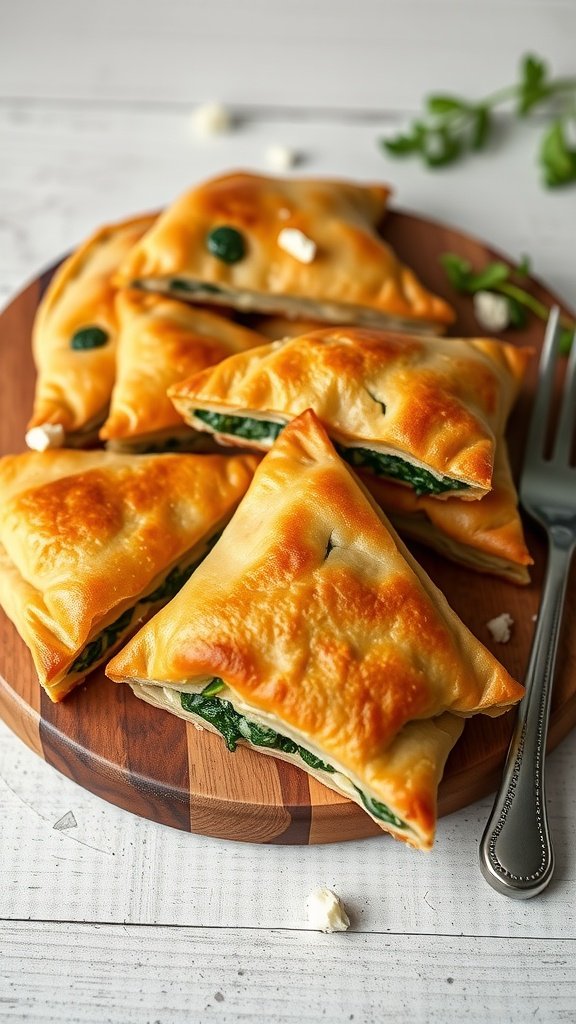 Delicious spanakopita pastries made with phyllo pastry and filled with spinach and feta cheese.