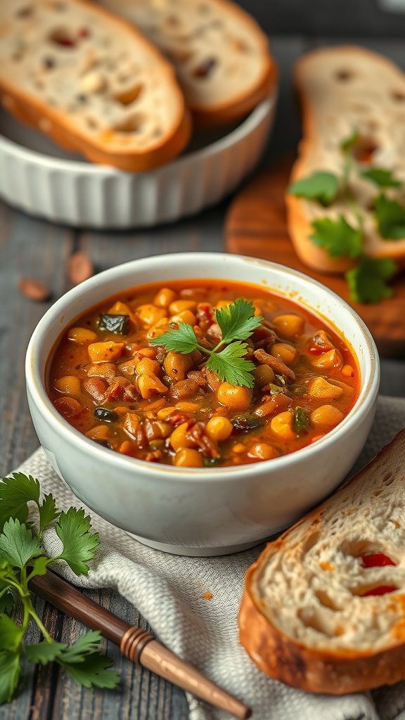 A bowl of spiced lentil stew garnished with fresh herbs, served with crusty bread.