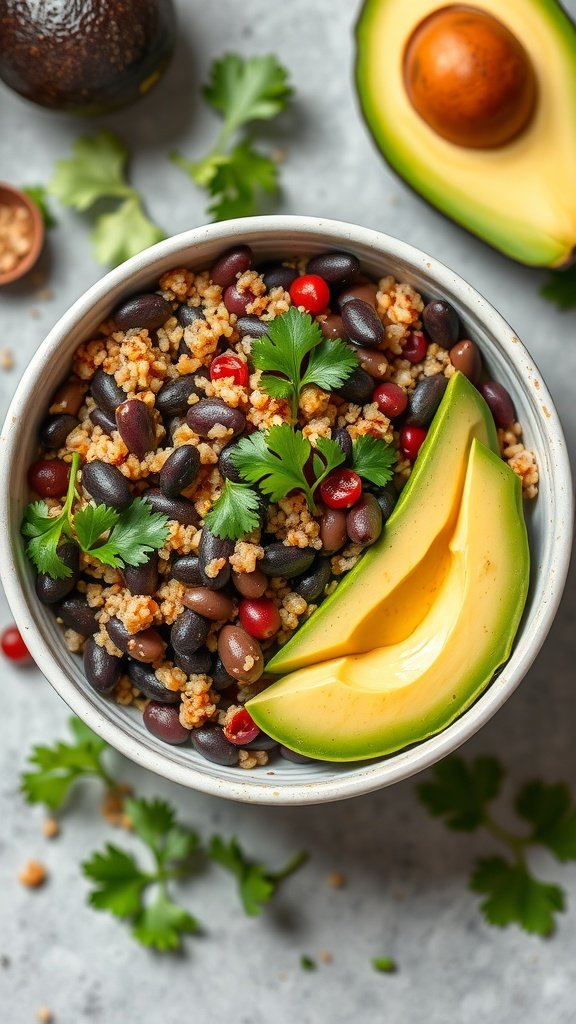 A vibrant bowl filled with quinoa, black beans, diced tomatoes, topped with avocado and cilantro.