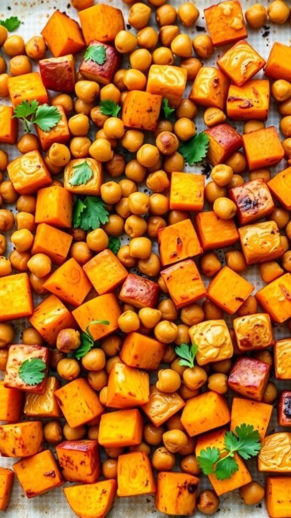 A colorful sheet pan with diced sweet potatoes and chickpeas, ready to be roasted.