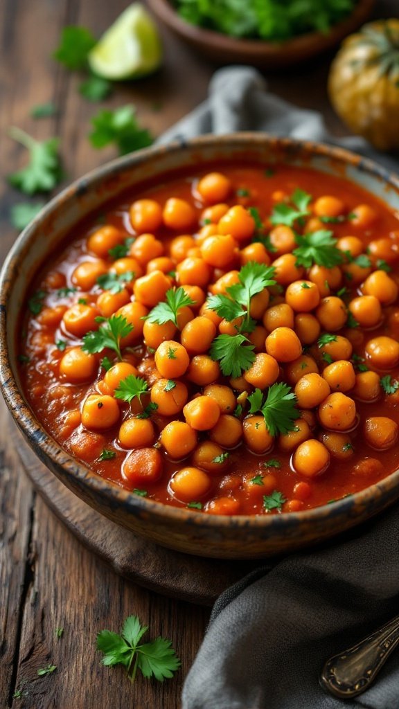 A bowl of spicy chickpea stew garnished with cilantro.