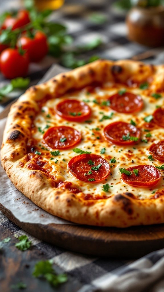 Spicy pepperoni flatbread pizza topped with melted cheese and fresh parsley.