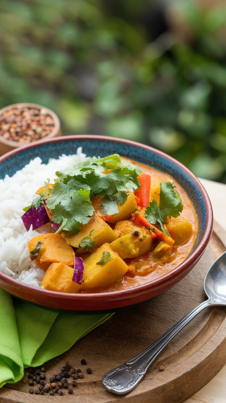 A bowl of spicy potato curry served with rice and garnished with cilantro.