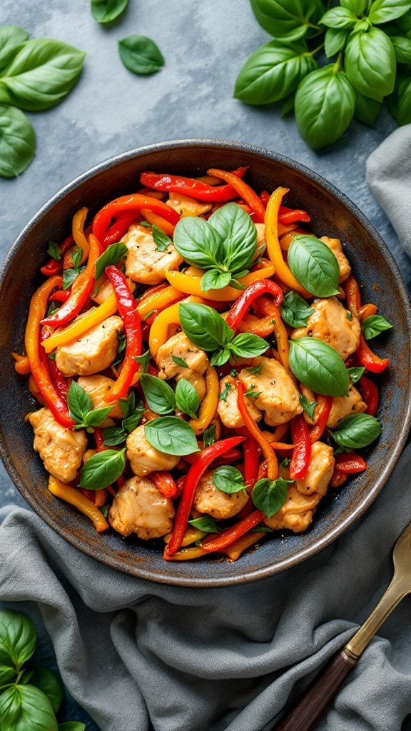 A colorful plate of spicy Thai basil chicken stir-fry with vibrant bell peppers and fresh basil.