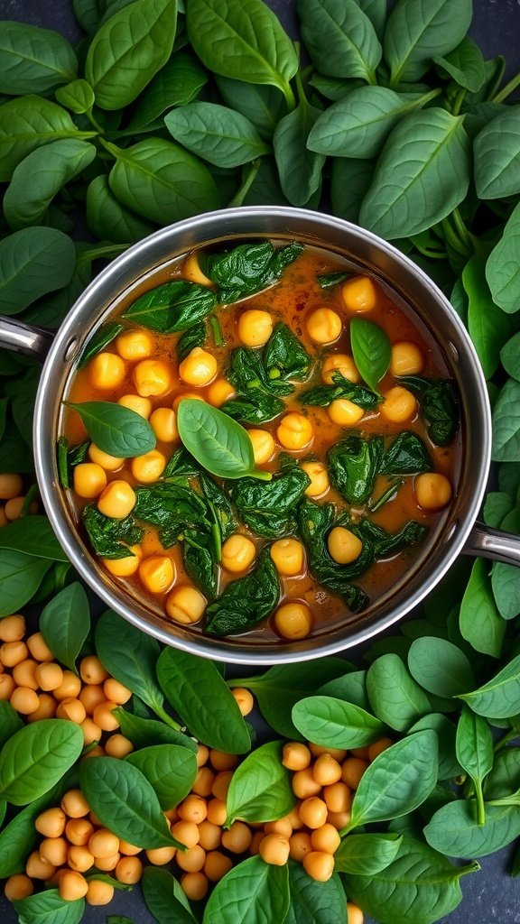 A pot of spinach and chickpea curry with fresh spinach leaves around it.