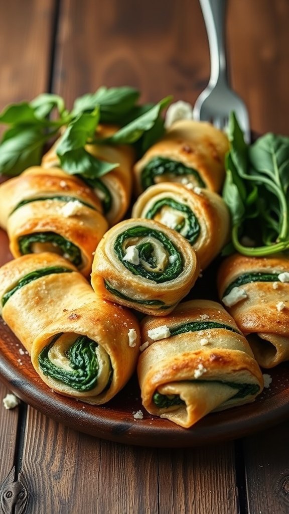 Delicious spinach and feta rolls, freshly baked and served on a wooden plate