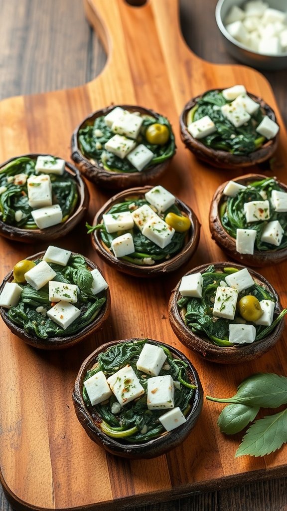 Delicious Spinach and Feta Stuffed Portobello Mushrooms on a wooden board.