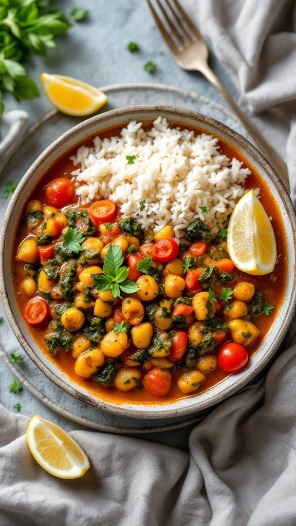 Delicious Spinach and Tomato Curry served with rice and lemon
