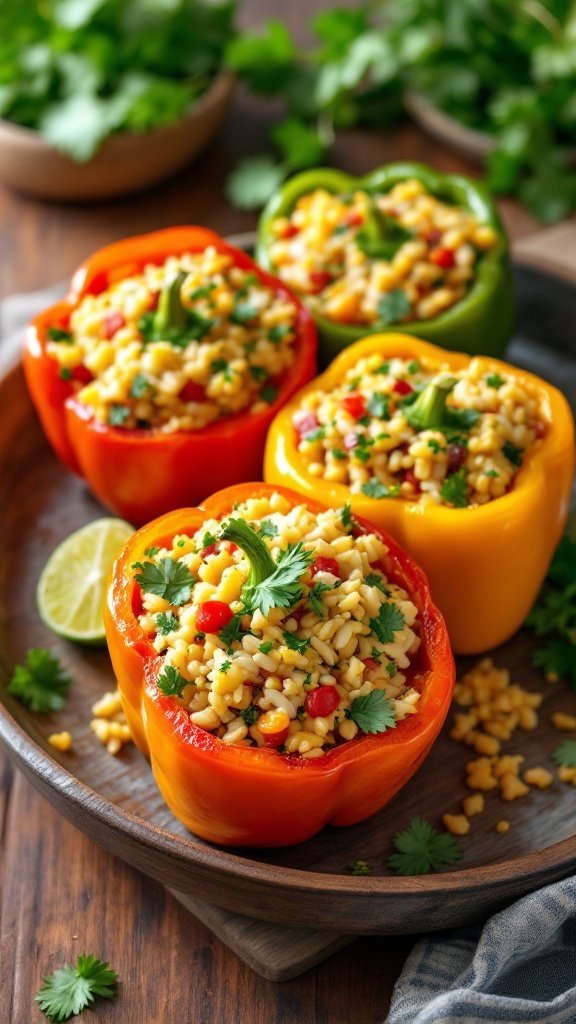 Colorful stuffed bell peppers filled with grains and vegetables.