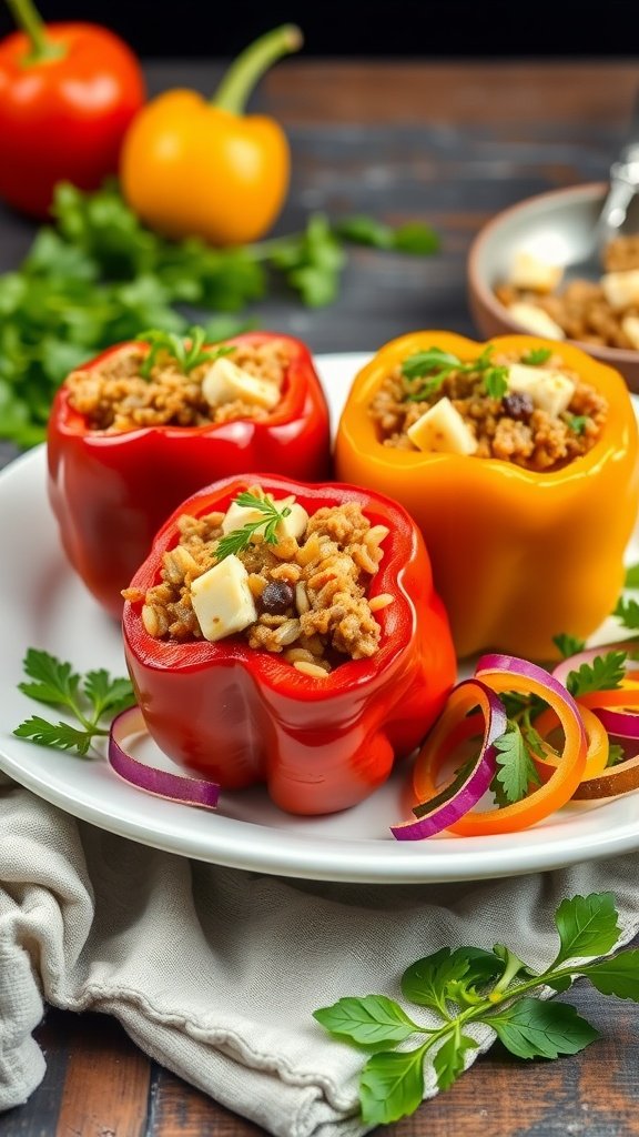 Stuffed bell peppers filled with a savory mixture of meat, rice, and cheese, served on a plate with fresh herbs.