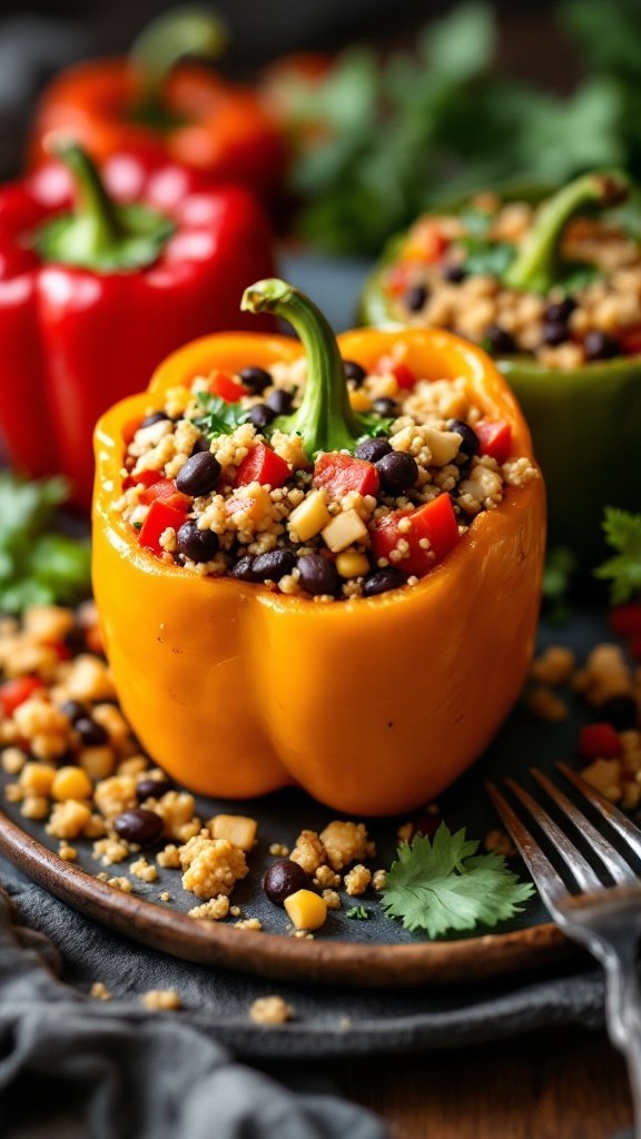 Stuffed bell peppers filled with quinoa, black beans, corn, and tomatoes.