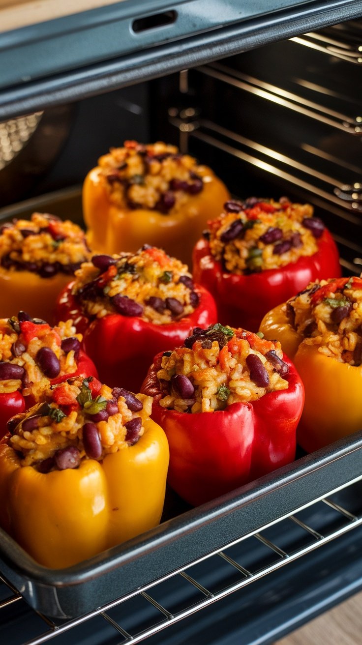 Colorful stuffed bell peppers filled with rice and beans, arranged in a baking dish.