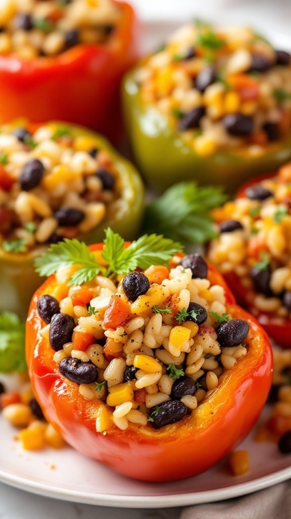Stuffed bell peppers filled with rice, beans, and vegetables