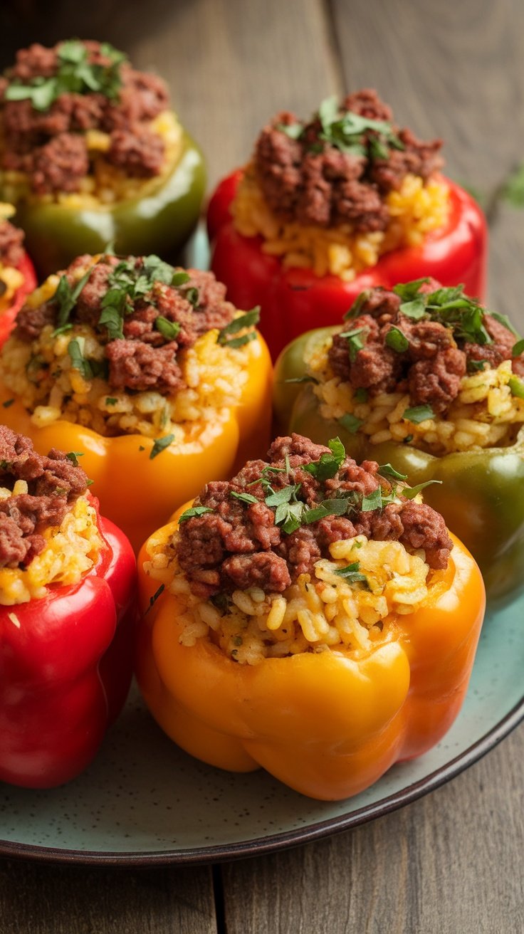 Colorful stuffed bell peppers filled with rice and ground beef