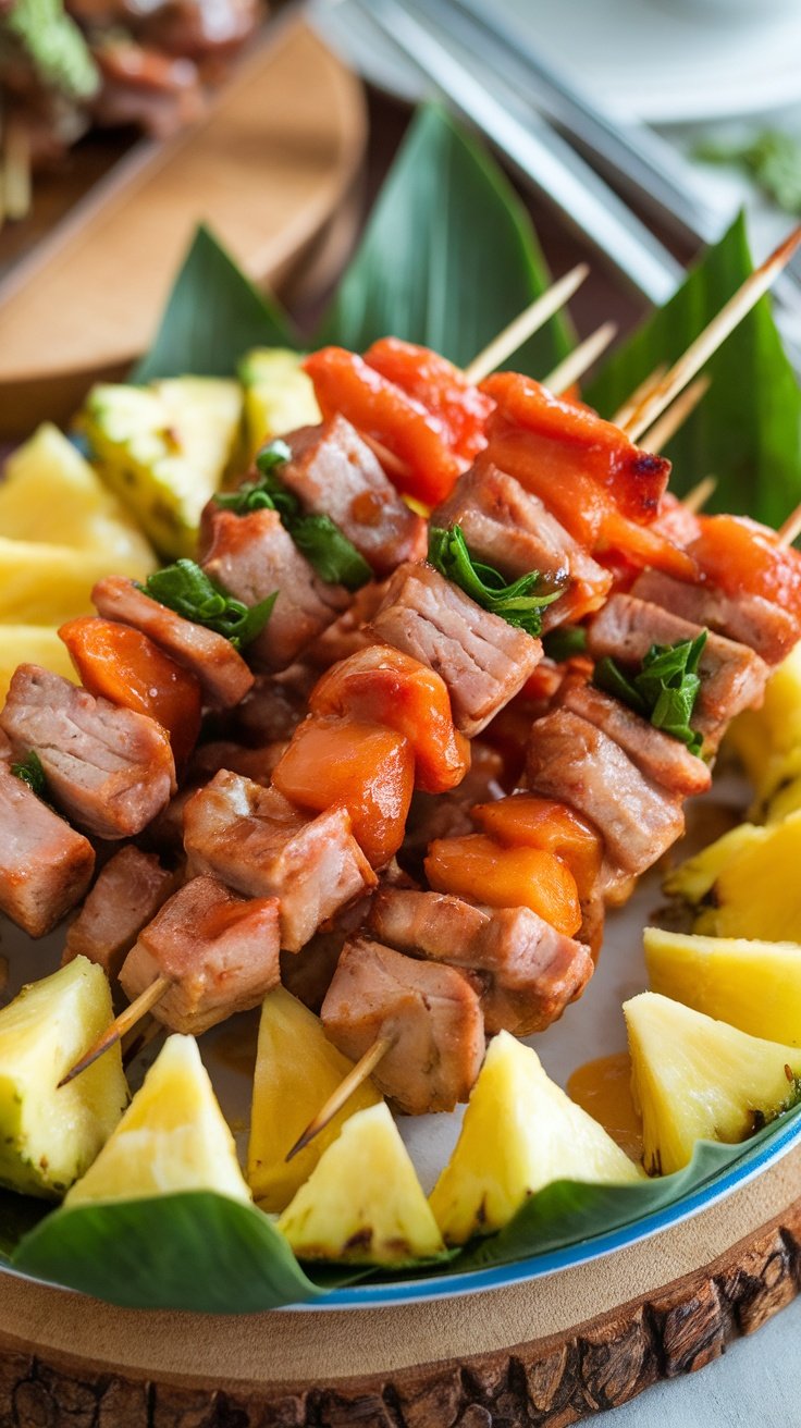 Delicious sweet and sour pork kebabs served with pineapple and bell peppers